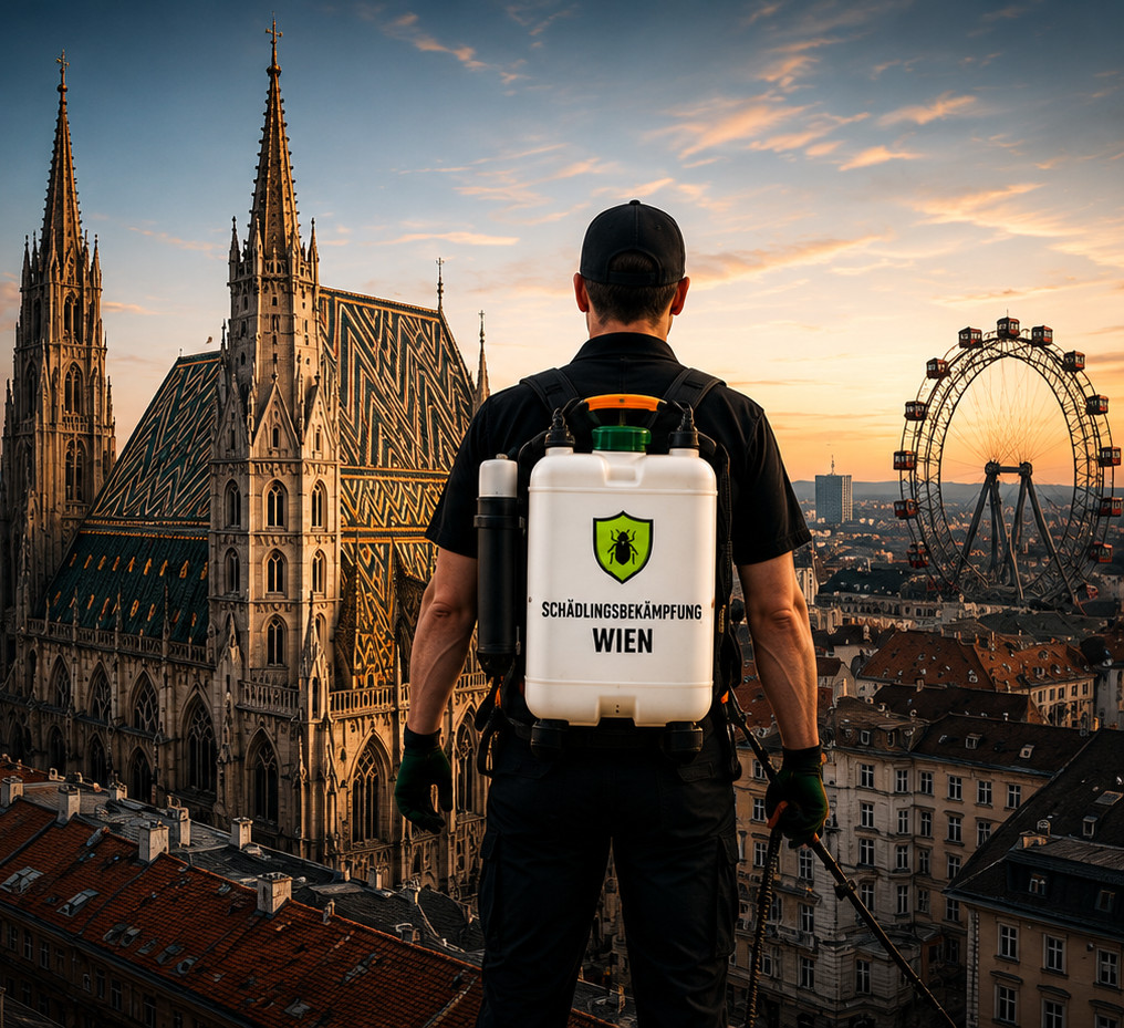 Schädlingsbekämpfer bei einem Einsatz in Wien vor Stephansdom und Riesenrad